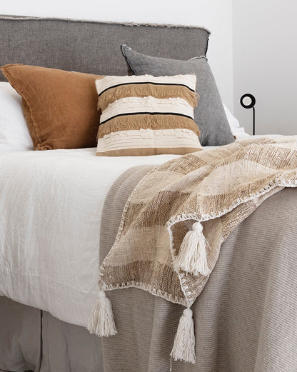 Textured Blanket Latte Brown &amp; Vanilla Cream Block Stripe with corner tassels