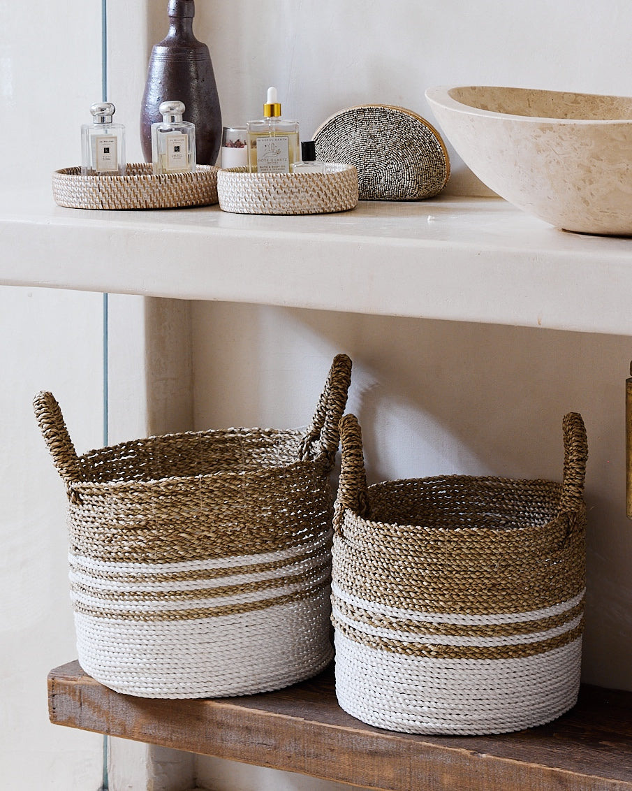 White Natural Multi-stripe Seagrass Baskets - S, M, L, XL