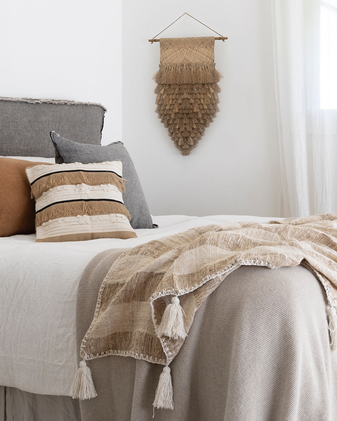 Brown Hessian Fringed, Black &amp; Cream Textured Ribbon Cushions