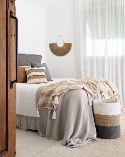 Brown Hessian Fringed, Black &amp; Cream Textured Ribbon Cushions