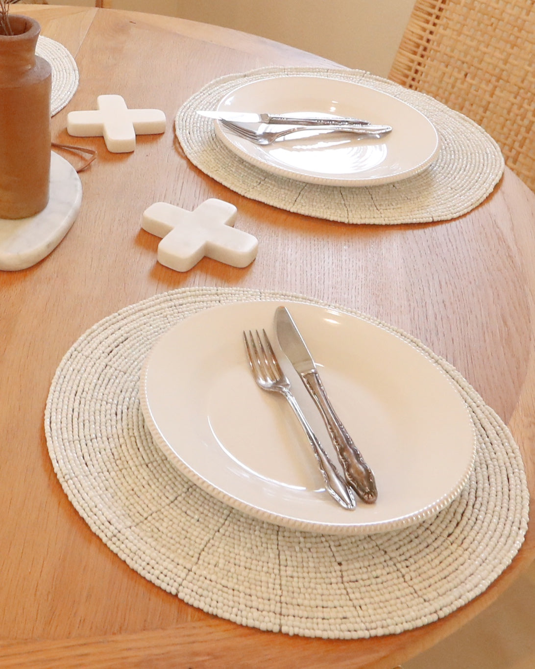 Handmade White Beaded Round Placemats