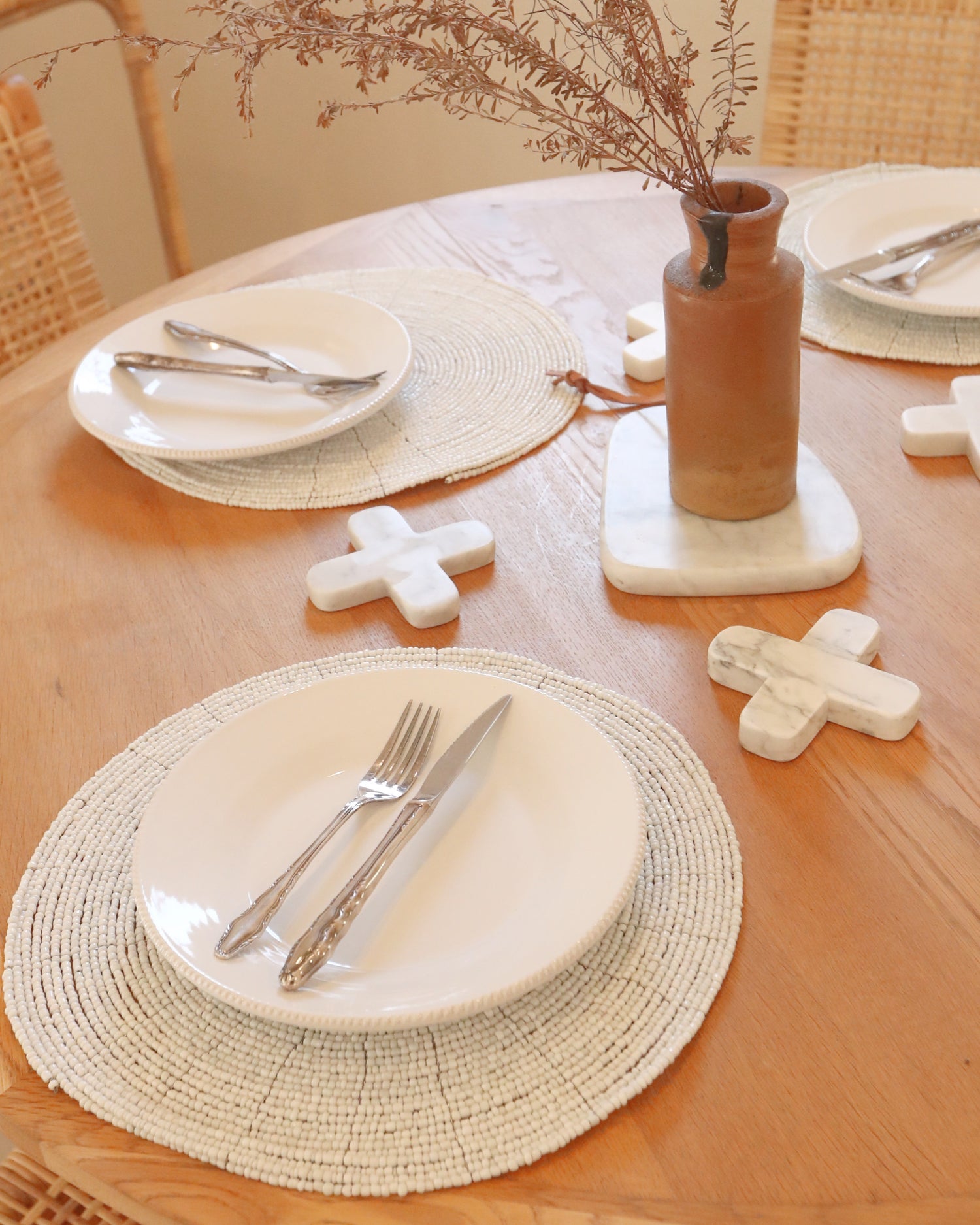 Handmade White Beaded Round Placemats