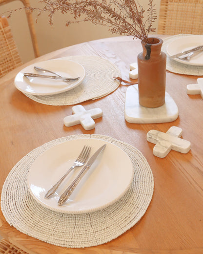 Handmade White Beaded Round Placemats