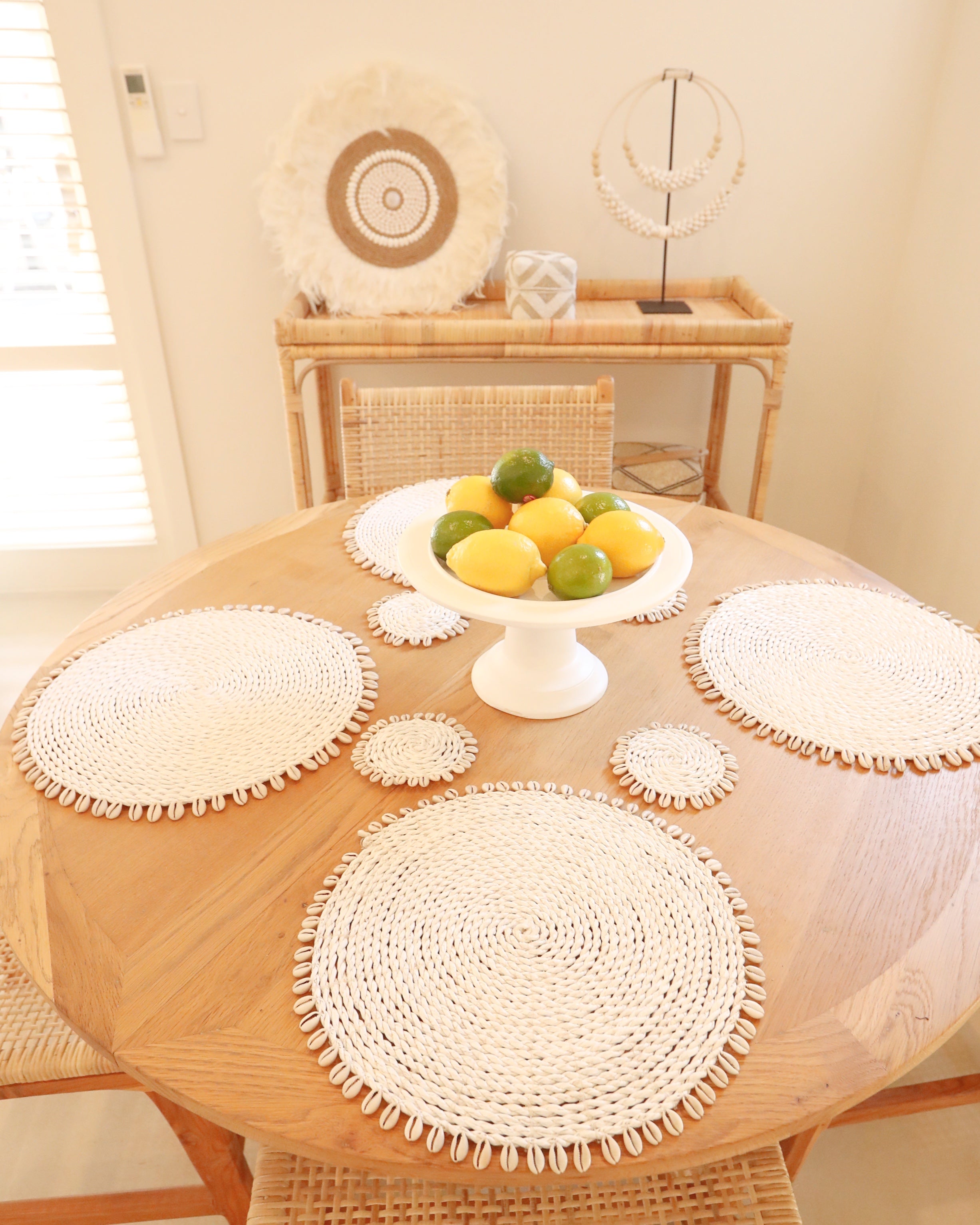 White Rattan Woven Coasters with Shell Fringe Feature Design