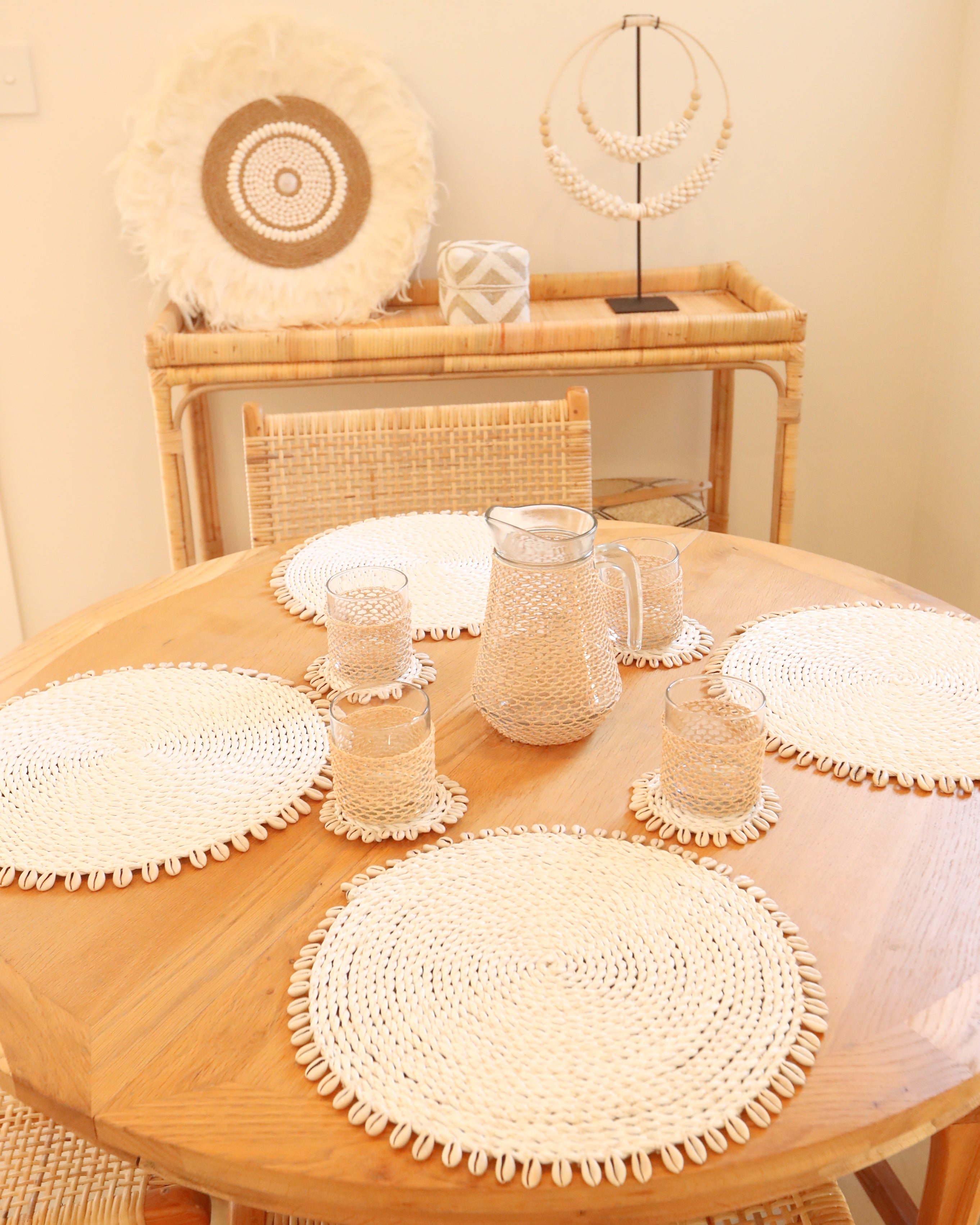 White Rattan Woven Coasters with Shell Fringe Feature Design